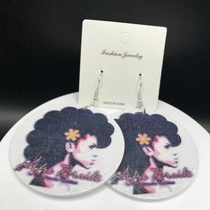 NWT Wooden Exquisite African Beauty Print Round Dangle Earrings Bohemian